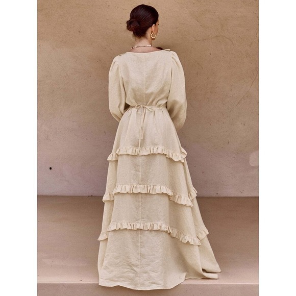 Commense Cotton & Linen Ruffled Maxi Dress Long‎ Sleeve Button Boho Bohemian S - Picture 3 of 4